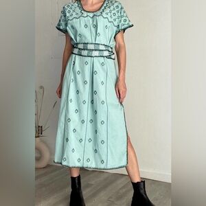 Zara Green Embroidered Linen Caftan Tunic Dress XL